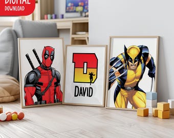 Láminas personalizadas de Deadpool y Lobezno: Set de 3, Superhéroes, X-Men, Decoración para dormitorio infantil, Descarga digital