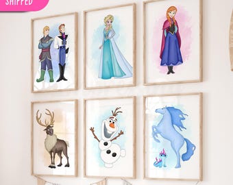 Frozen Wall Art, Elsa, Anna, Olaf, Watercolor Princess, Nursery Decor, Printed & Shipped