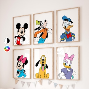 Lot de 6 posters Mickey et ses amis en couleur ou en noir et blanc, impression d'impressions Mickey Mouse, décoration murale pour chambre d'enfant