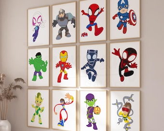 Spidey and his friends, Set of 12, Superhero Prints, Nursery Decor (Digital Download)