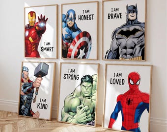 Afdrukken superheldenaffirmaties, Spiderman, Hulk, Captain America, Ironman, Thor, superhelden (digitale download)
