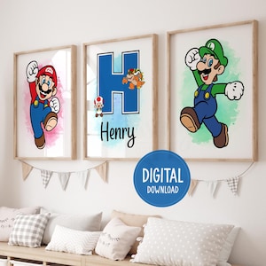 Mario & Friends Themed Personalised Name Wall Art, Set of 3 Prints, Super Mario Digital Posters, Kids Printable Wall Art, Digital Download