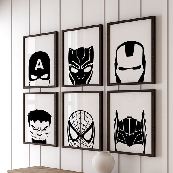 Avengers Symbols, Monochrome Superhero Prints, Black and White, Superhero Wall Print Set of 6, Superhero Poster, Superhero Wall Art, Digital