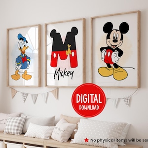 Personalized Mickey Mouse and Donald Duck Wall Art, Set of 3, Digital Download