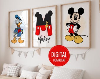 Personalized Mickey Mouse and Donald Duck Wall Art, Set of 3, Digital Download