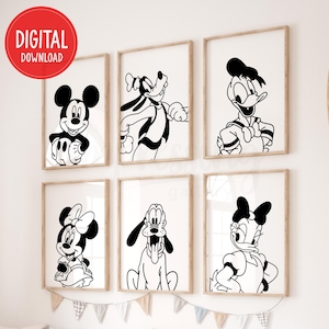 Digitale posters Mickey & Friends, set van 6 prints, Mickey Mouse-prints, zwart-wit, afdrukbare muurkunst voor kinderen, digitale download