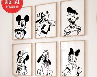 Mickey Mouse & Friends Prints, Black and White, Minnie, Goofy, Nursery Wall Art (Digital Download)