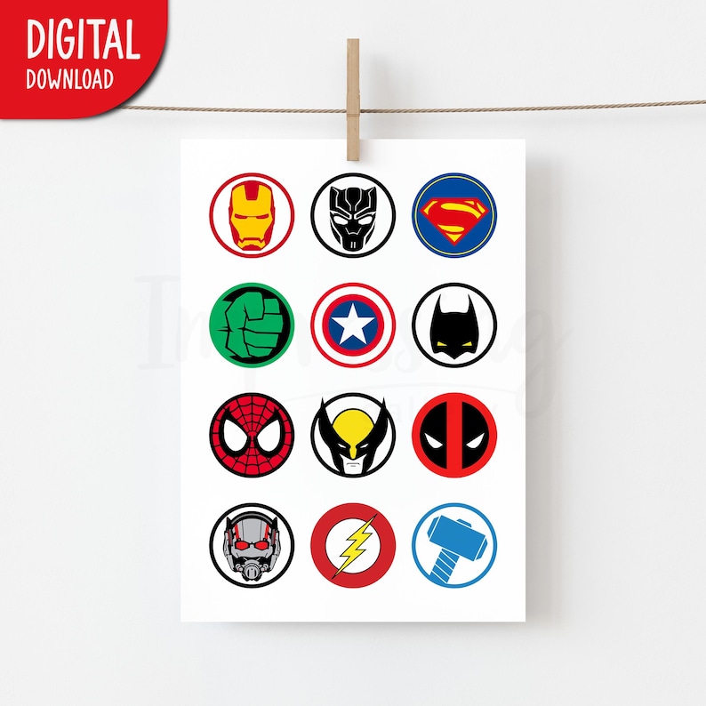 Lámina decorativa con collage de símbolos de superhéroes, arte mural de superhéroes, decoración para guardería y sala de juegos (descarga digital) imagen 7