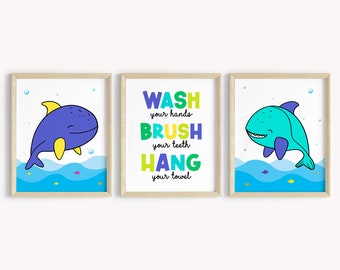 Shark Themed, Kids Bathroom Wall Decor, Bathroom Art, Ocean Animals Print (Digital Download)