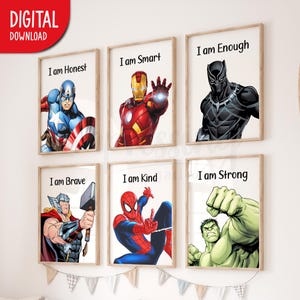 Avengers 'I AM' Affirmations Digital Posters, Superbohaterowie Wall Art, Zestaw 6 Wydruków, Wydruki Avengers, Plakaty Superbohaterowie, Pobieranie Cyfrowe