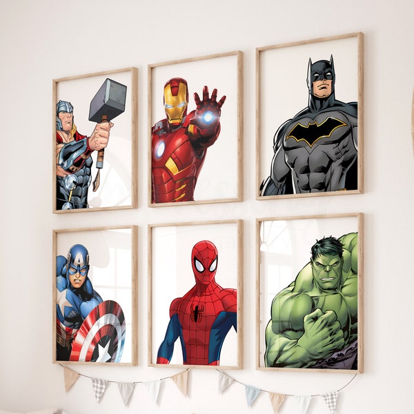 Superhero Wall Art , Set of 6 Prints, Superhero Prints for Little Boys Bedroom, Superhero Wall Print, Boys Room Decor, Digital Download