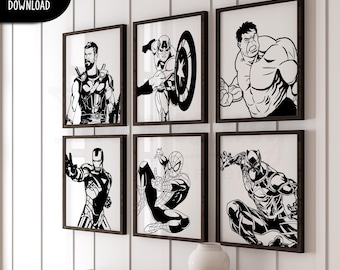 アベンジャーズ スーパーヒーロー プリント、モノクロ ウォールアート、白黒、6 枚セット (デジタルダウンロード)