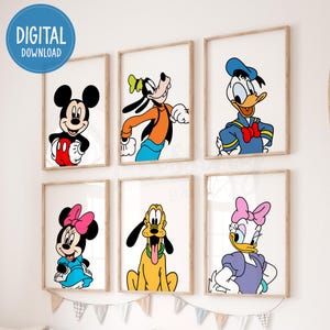 Pósteres digitales de Mickey y sus amigos, juego de 6 impresiones, impresiones de Mickey Mouse, decoración de dormitorio de niño, arte de pared imprimible para niños, descarga instantánea