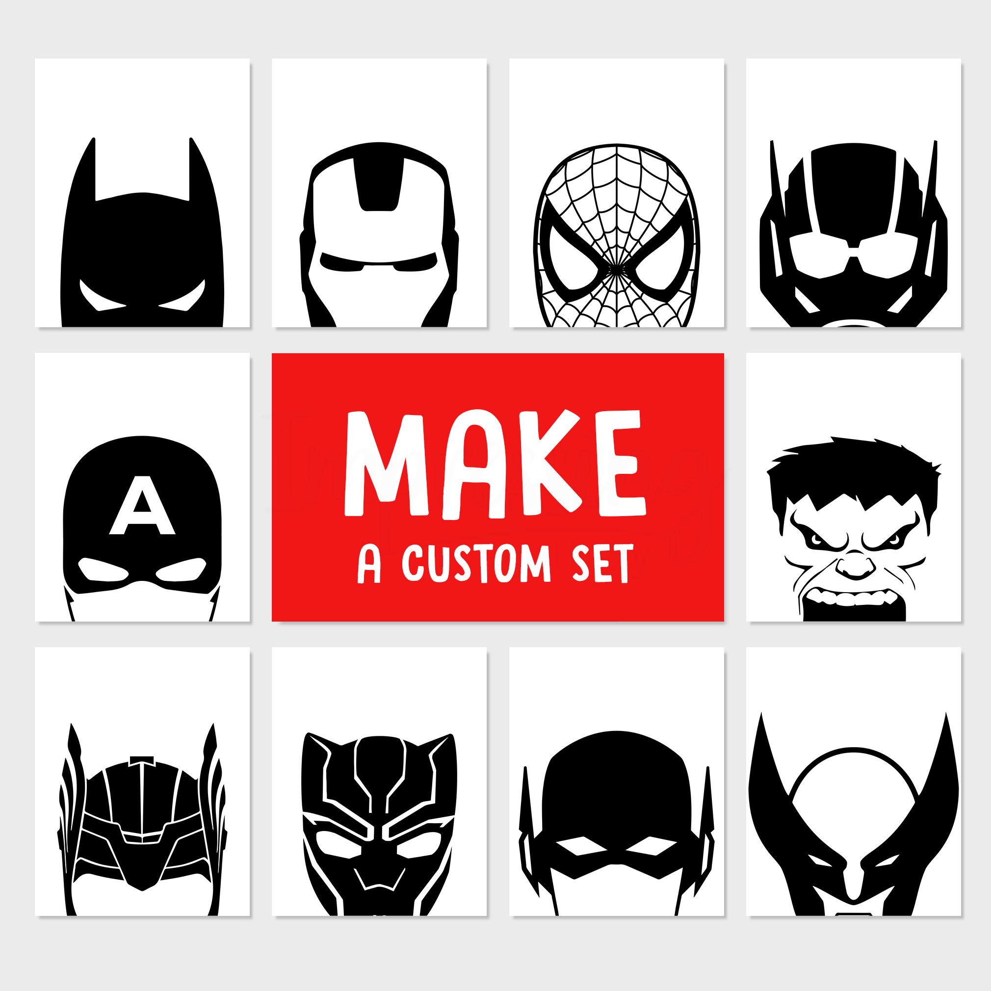 Make a Set - Superhero Symbols, Monochrome Superhero Prints, Black and White, Superhero Poster, Superhero Wall Art, Digital Download