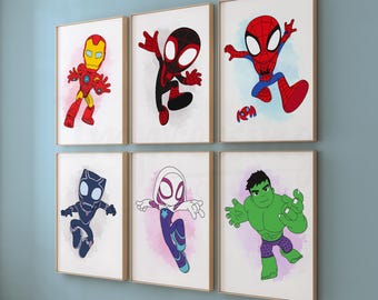 Superhero Wall art, Spidey and Friends Prints, Superhero Room Decor, Printed