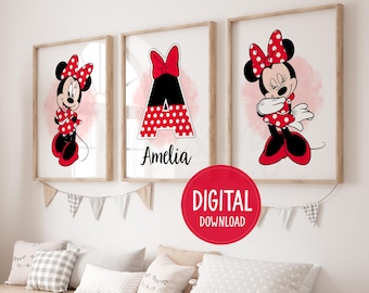 Personalisierte Minnie Maus Kinderzimmer Dekor - Rot, 3-er Set Drucke, Digital Download