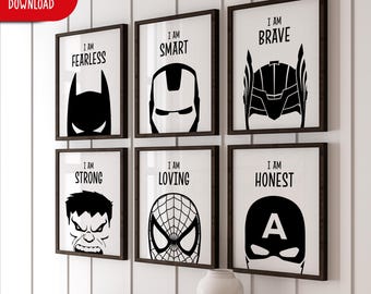 Superhero Wall Art, Black & White, Nursery Decor, Motivational, Set of 6, (Digital Download)