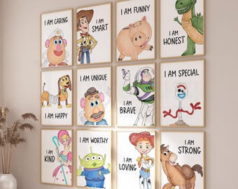 Stampe con affermazioni positive a tema Toy Story, acquerello da parete, set da 12, decorazioni per la stanza dei giochi, download immediato.