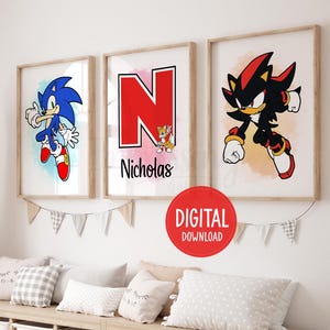 Sonic Hedgehog personalisierte Namen Prints, 3er-Set, Sonic Hedgehog Poster, Schatten, Sonic Poster, Kinderzimmer Dekor, digitaler Download
