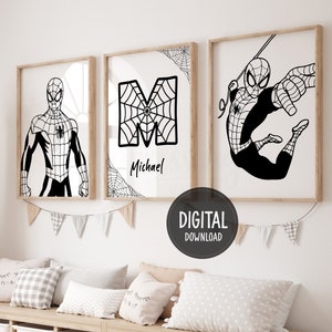 Spiderman Black & White Themed Personalised Name Wall Art, Set of 3 Prints, Spiderman Digital Posters, Superhero prints, Digital Download
