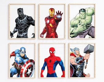 スーパーヒーロープリント、6枚セット、男の子用保育園装飾、アベンジャーズ（デジタルダウンロード）