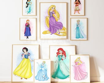 Princess Watercolor Prints, Girl Room Decor, Nursery Wall Art, Printed & Shipped