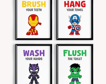 Superhero Kids Bathroom Prints, Set of 4, Bathroom Rules Decor (Digital Download)