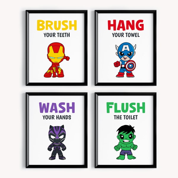 Set di 4 arte da bagno per bambini con supereroi, arte da parete per il bagno, regole del bagno per bambini, lavarsi le mani, lavarsi i denti, regole del bagno, stampabile