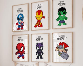 Superheldaffirmatieprints, set van 6, superheld kunst aan de muur, jongens slaapkamerdecoratie (digitale download)