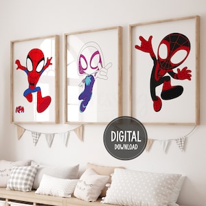 Spidey Amazing Friends Prints, 3er-Set, Miles Morales, Ghost Spidey, Superheld Drucke, Kinderzimmer Wandkunst, Spidey, Gwen, Digitaler Download