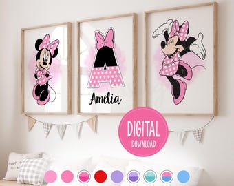 Set de 3 impresiones de pared con nombre personalizado de Minnie Mouse, decoración para dormitorio infantil de niña, descarga digital.