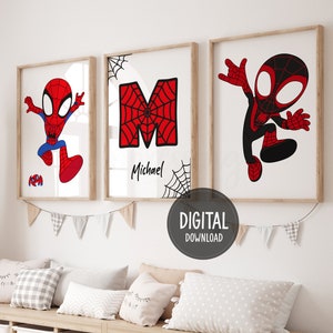 Impresiones de nombre personalizadas con temática de Spiderman, juego de 3 impresiones, impresiones de superhéroes, decoración de habitación de niños, carteles digitales de Spiderman, descarga digital