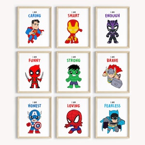 Superhero Prints For Little Boys Bedroom, I am Brave, Set of 9, Superhero Affirmations Wall Art, Boy Bedroom Prints, Super heroes Wall Art