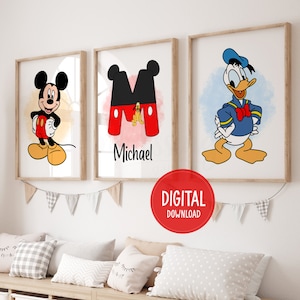 Mickey and Friends Themed Personalised Name Wall Art, Set of 3, Mickey & Friends Digital Posters, Mickey Mouse Prints, Digital Download