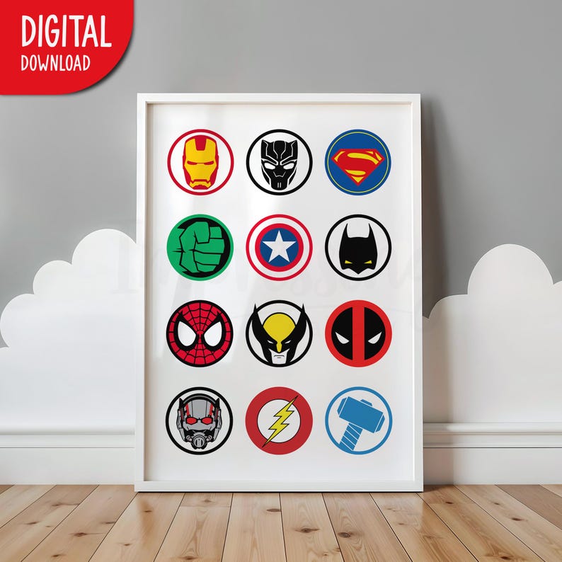 Puede incluir: Una impresi&oacute;n enmarcada en blanco con 12 logotipos de superh&eacute;roes coloridos. Los logotipos incluyen Iron Man, Black Panther, Superman, Hulk, Capit&aacute;n Am&eacute;rica, Batman, Spiderman, Wolverine, Deadpool, Ant-Man, Flash y Thor.