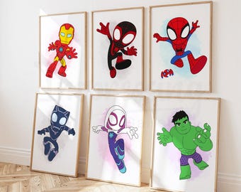 Superhero Prints, Miles, Spidey, Hulk, Ironman, Superhero Room Decor, Instant Download