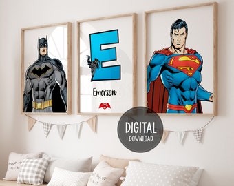 Art mural nom personnalisé sur le thème des super-héros, lot de 3 impressions, affiches numériques Batman, impressions super-héros, téléchargement numérique