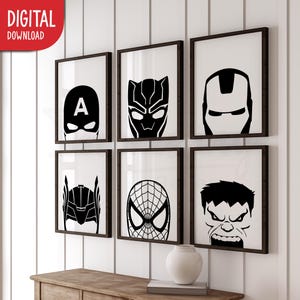Avengers Superhero Prints, Monochrome Wall Art, Superheroes, Black & White Set of 6 (Digital Download)