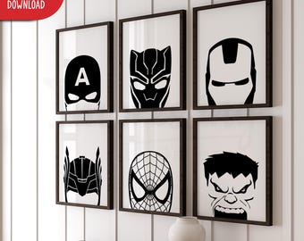 Avengers Superhero Prints, Monochrome Wall Art, Superheroes, Black & White Set of 6 (Digital Download)