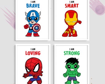 Set of 4, Superhero Prints, Superhero Wall Art, Little Boys Bedroom Decor, Toddlers Bedroom Prints, Spiderman, Hulk, Ironman, Avengers