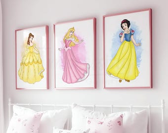 Watercolor Princess Prints, Nursery Decor, Girl Bedroom Wall Art, Printed & Shipped