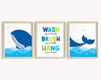 Whale Themed, Kids Bathroom Wall Decor, Bathroom Art, Ocean Animals Print (Digital Download)
