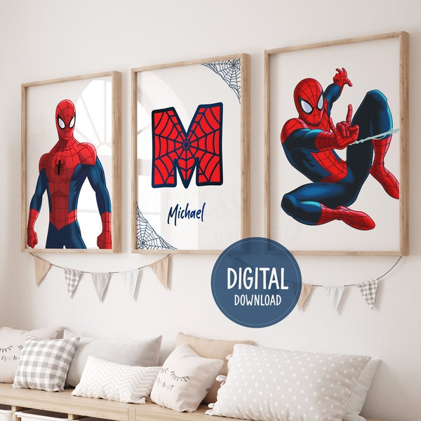 Art mural nom personnalisé sur le thème de Spiderman, lot de 3 impressions, affiches numériques Spiderman, impressions super-héros, décoration de chambre de garçons, téléchargement numérique