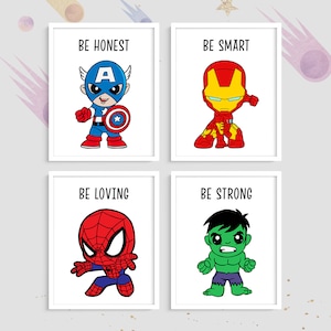 Arte della parete di supereroi digitali, set di 4, sii forte, sii coraggioso, arte della parete dei supereroi, decorazione della parete della camera dei bambini, arte della parete delle affermazioni del supereroe del bambino
