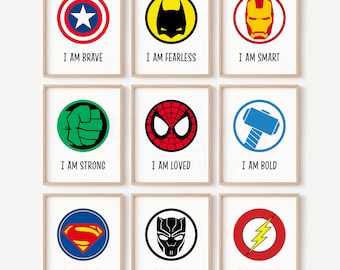 Superhero Affirmations Prints, Boys Room Wall Art, Set of 9 (Digital Download)