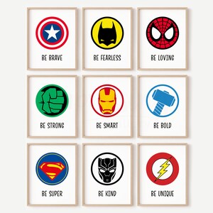Superhero set of 9, Be Strong, Nursery Room Wall Decor, Inspirational Quotes, Kids Bedroom Decor, Be Brave, Superhero Prints For Little Boys