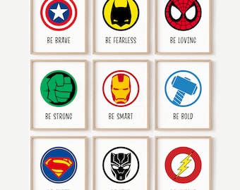 Avengers Superhero Affirmations Prints, Set of 9, Spiderman, Thor, Motivational Wall Art (Digital Download)