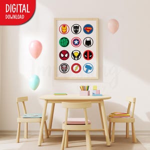 Lámina decorativa con collage de símbolos de superhéroes, arte mural de superhéroes, decoración para guardería y sala de juegos (descarga digital) imagen 5