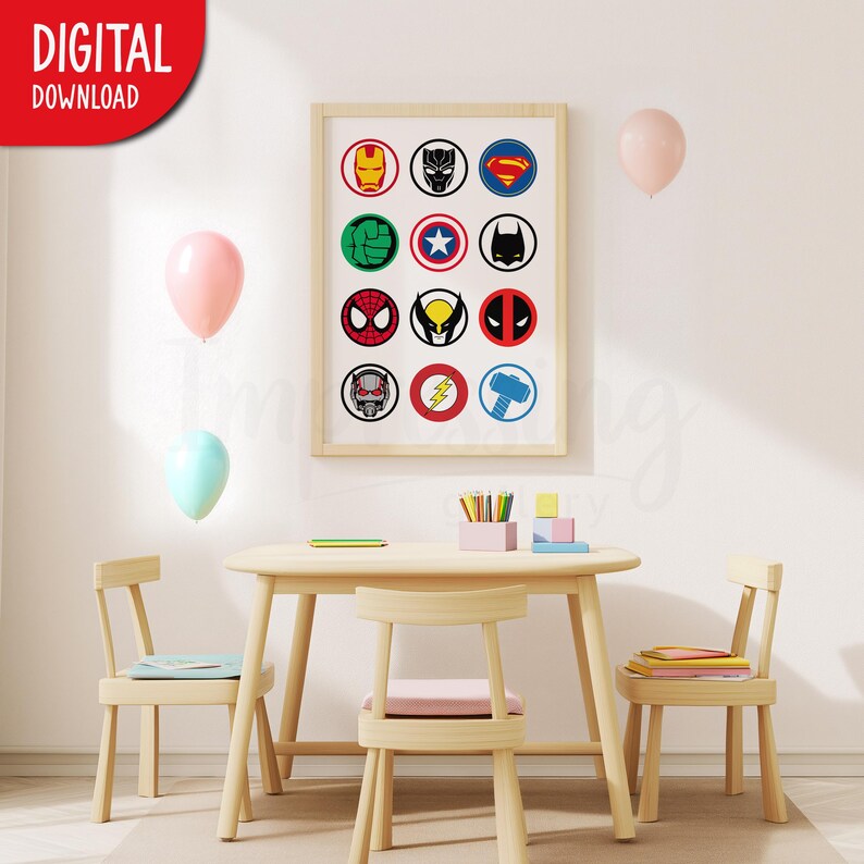 Lámina decorativa con collage de símbolos de superhéroes, arte mural de superhéroes, decoración para guardería y sala de juegos (descarga digital) imagen 5