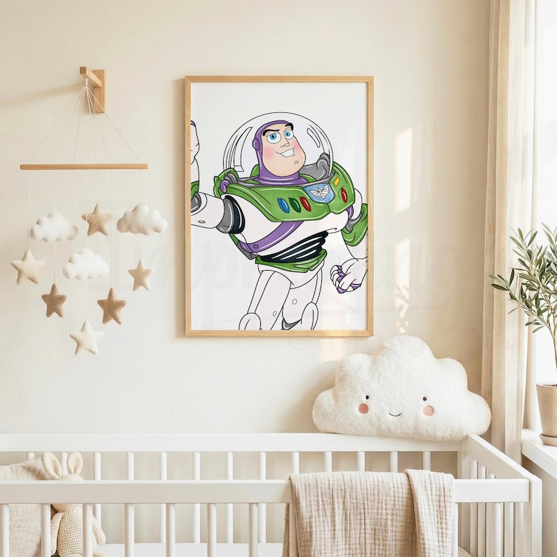 May include: A framed print of Buzz Lightyear from Toy Story, in a nursery setting. The artwork features Buzz in his signature green, white, and purple spacesuit, with a friendly expression. The nursery includes a crib, cloud-shaped pillow, and a mobile.